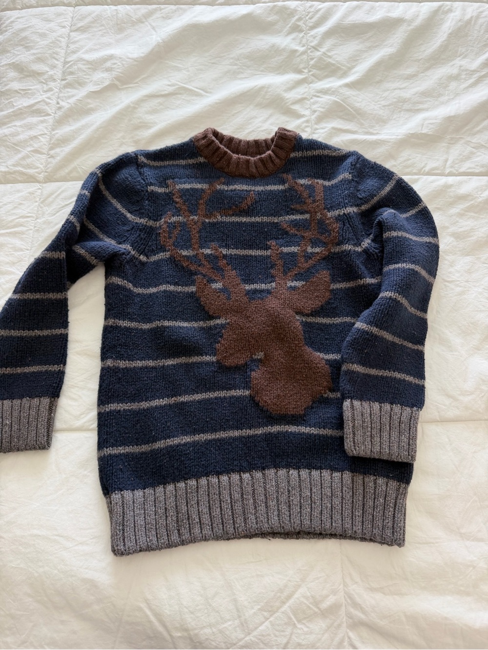 Joe Fresh Navy Striped Crewneck Sweater with Brown Deer Motif